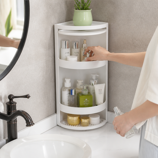 Rotating Triangular Suction-Cup Mount Corner Shelf Organizer (360°, 3-Tier)