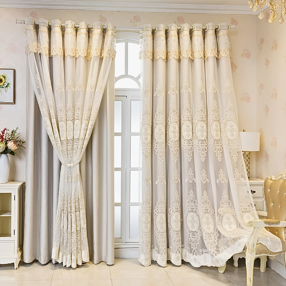 Sheer Lace Curtain Embroidered Tulle Grommet Top
