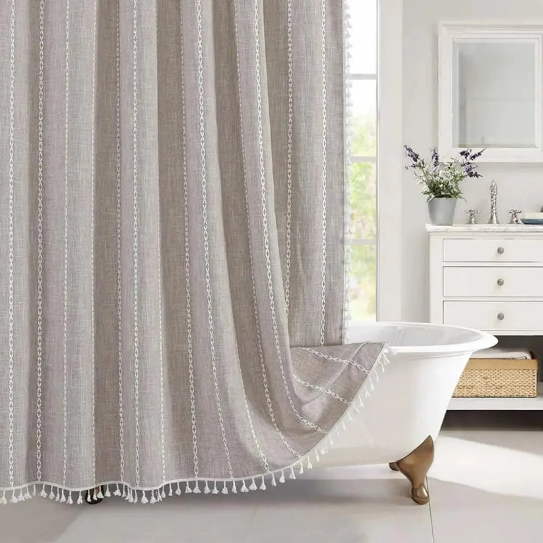 Shower Curtain Linen Waterproof Quick-Drying With Tassel Trim