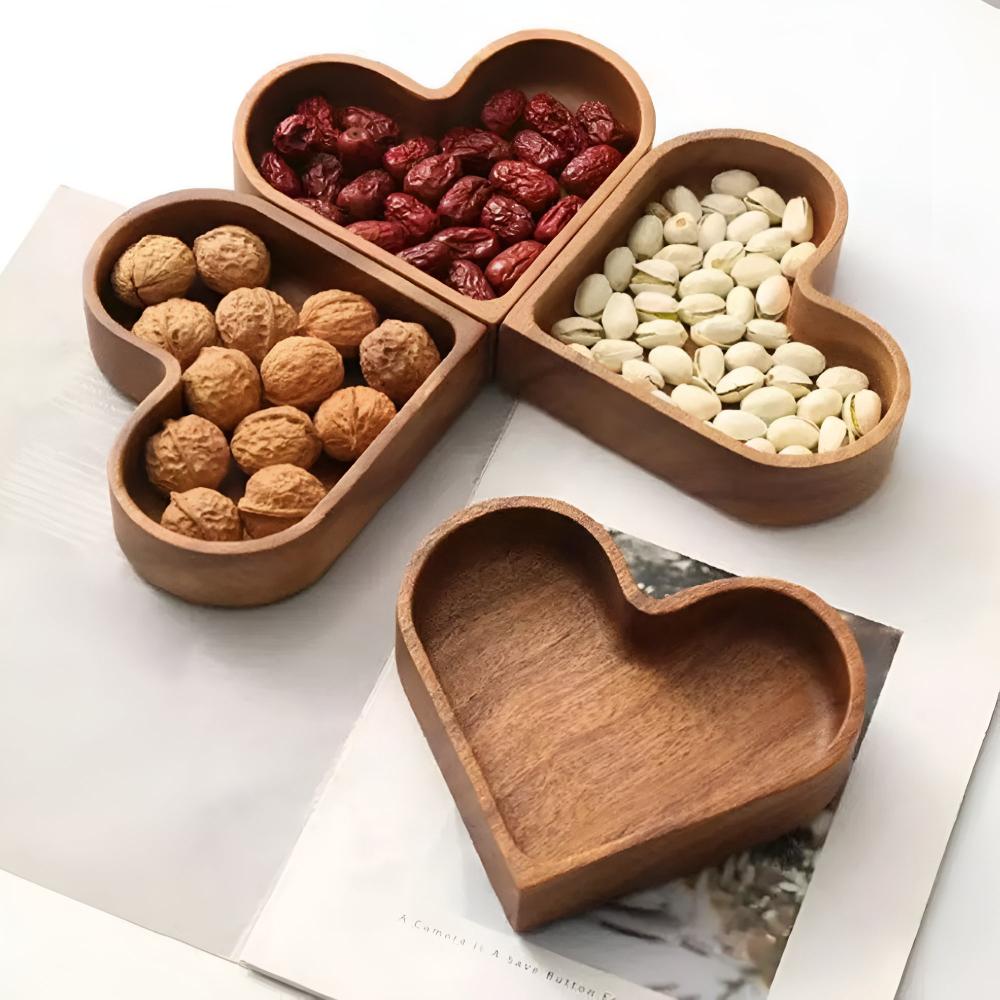 Snack Tray Heart-Shaped Solid Nut Wood Set Of 4