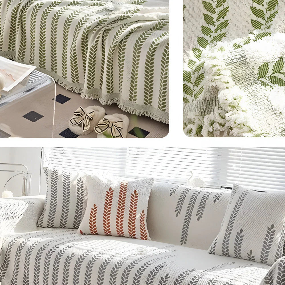 Sofa Cover Microfiber Leaf Pattern & Fringed Edge
