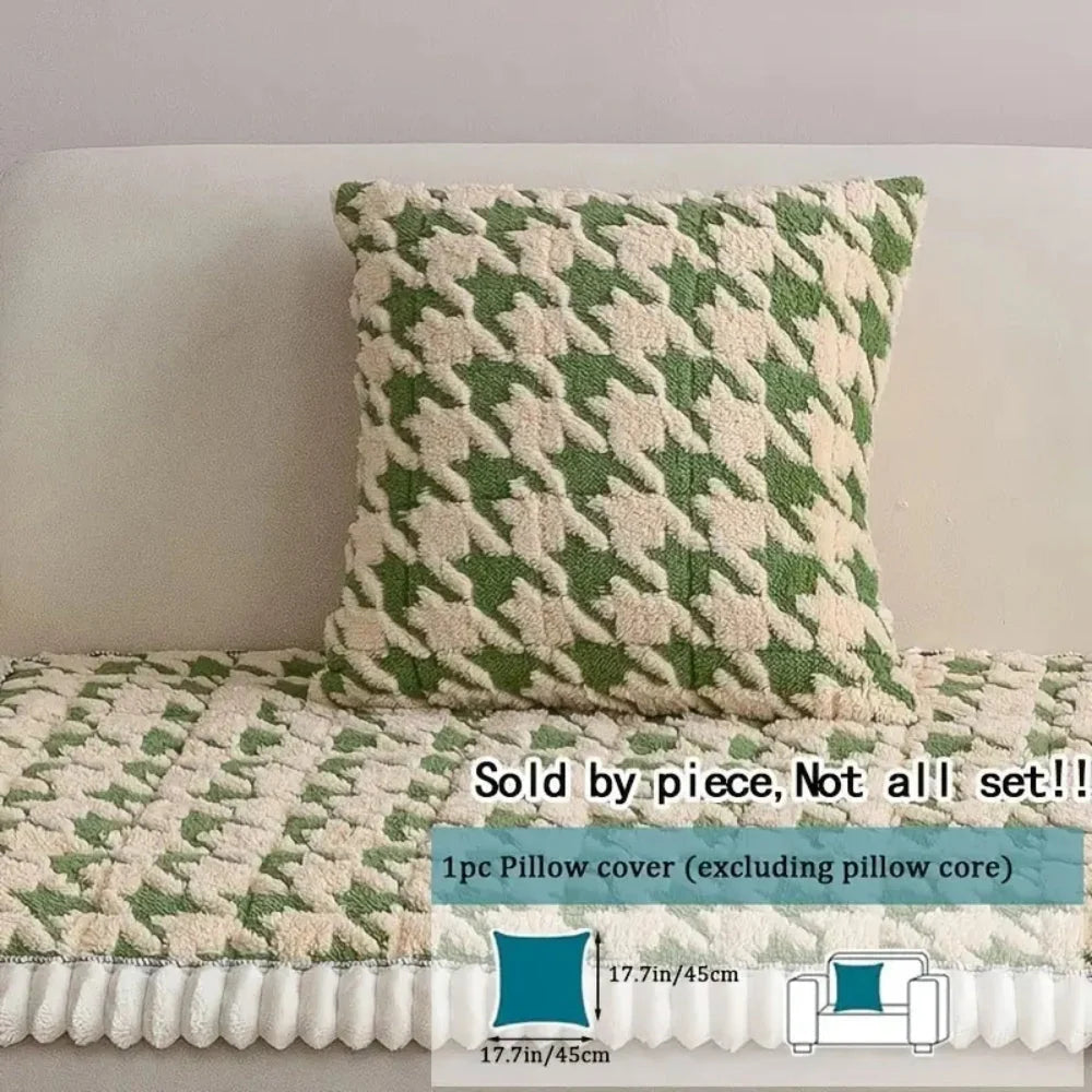 Sofa Cover Plush Microfiber Non-Slip Houndstooth Ruffle