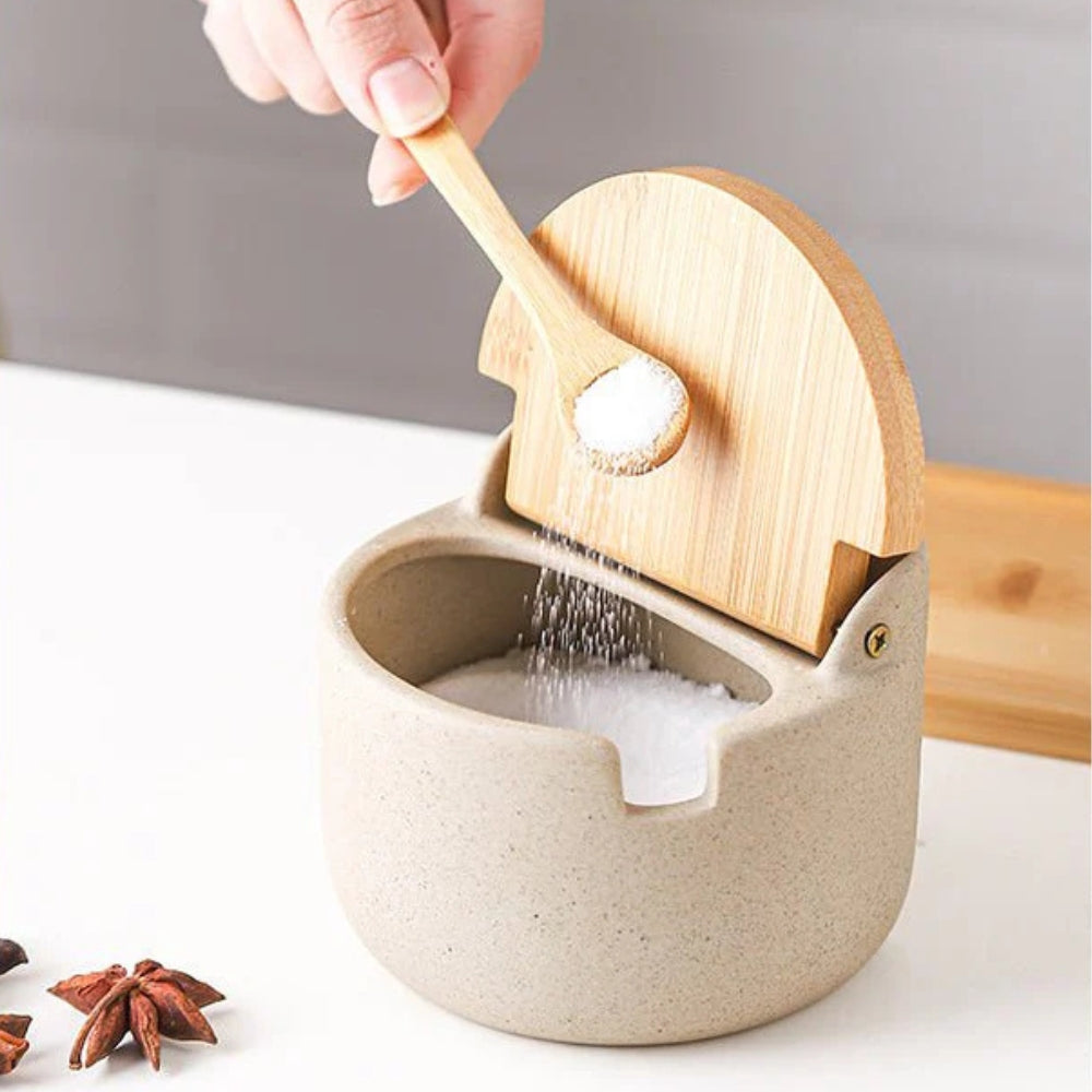 Spice Jar Set Ceramic Bamboo Lids Wooden Tray
