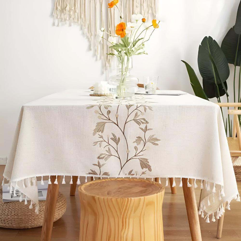 Tablecloth Embroidered Floral Tassel Trim Cotton-Linen Blend
