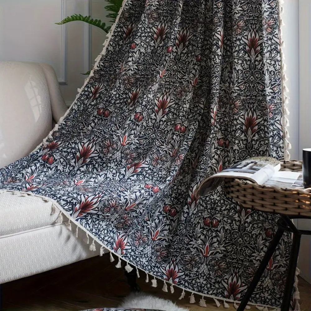 Tapestry Curtain Floral Tassel Semi-Blackout Microfiber Blend