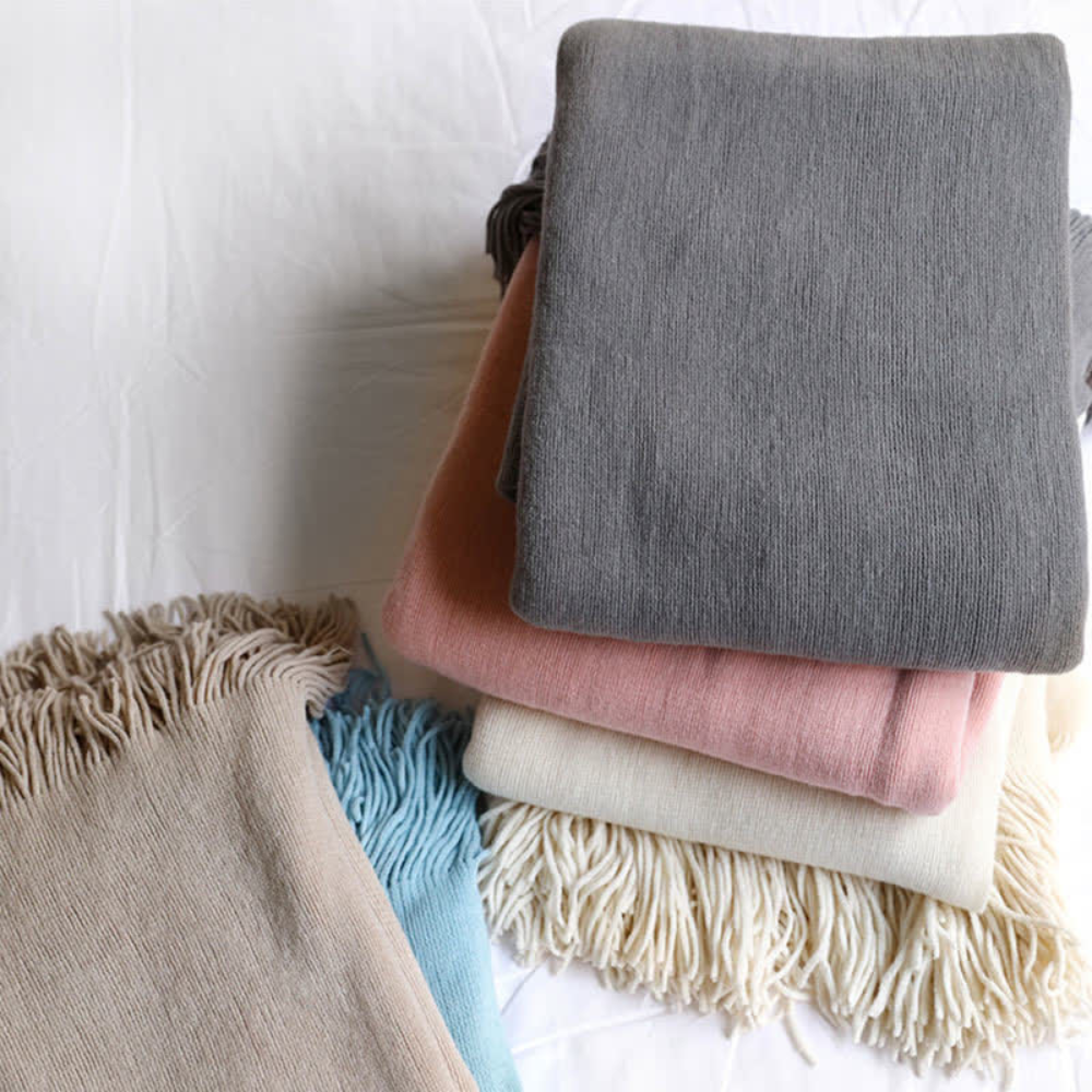 Throw Blanket Chunky Knit Acrylic Tassel Edges Machine Washable