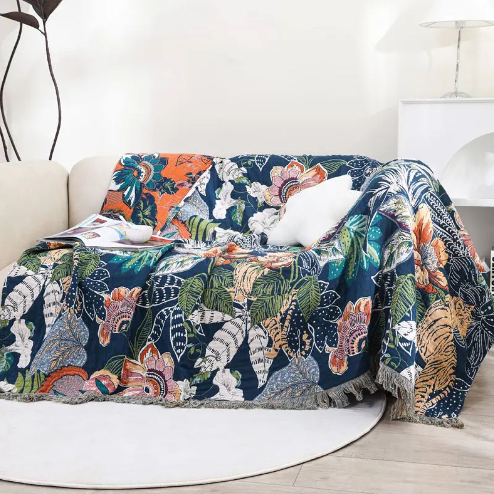 Throw Blanket Gauze Cotton Reversible Jacquard Tassel Edges