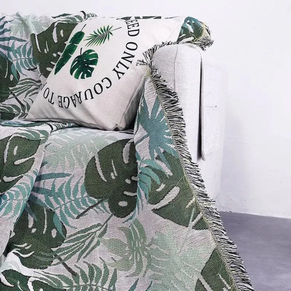 Throw Blanket Reversible Palm Leaf Cotton-Polyester Tassel Edges