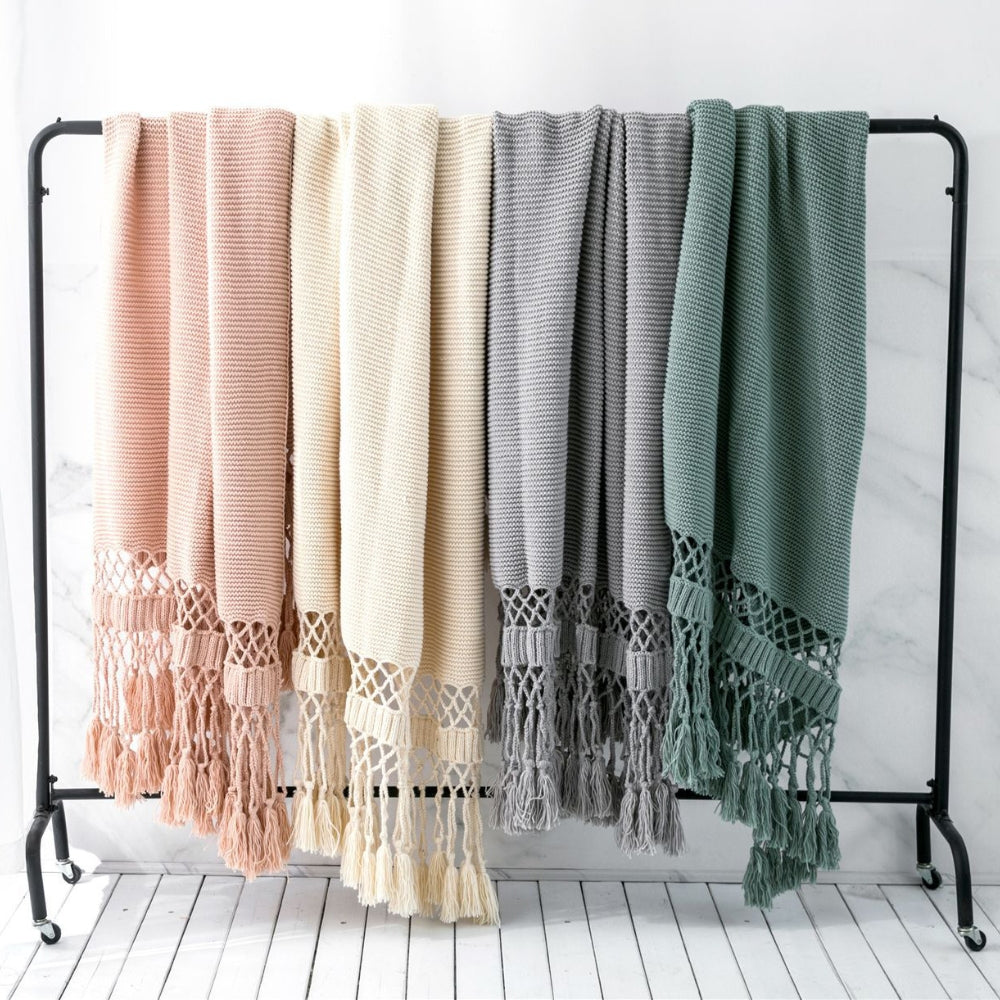 Throw Blanket Soft Knit Breathable Tassel Trim
