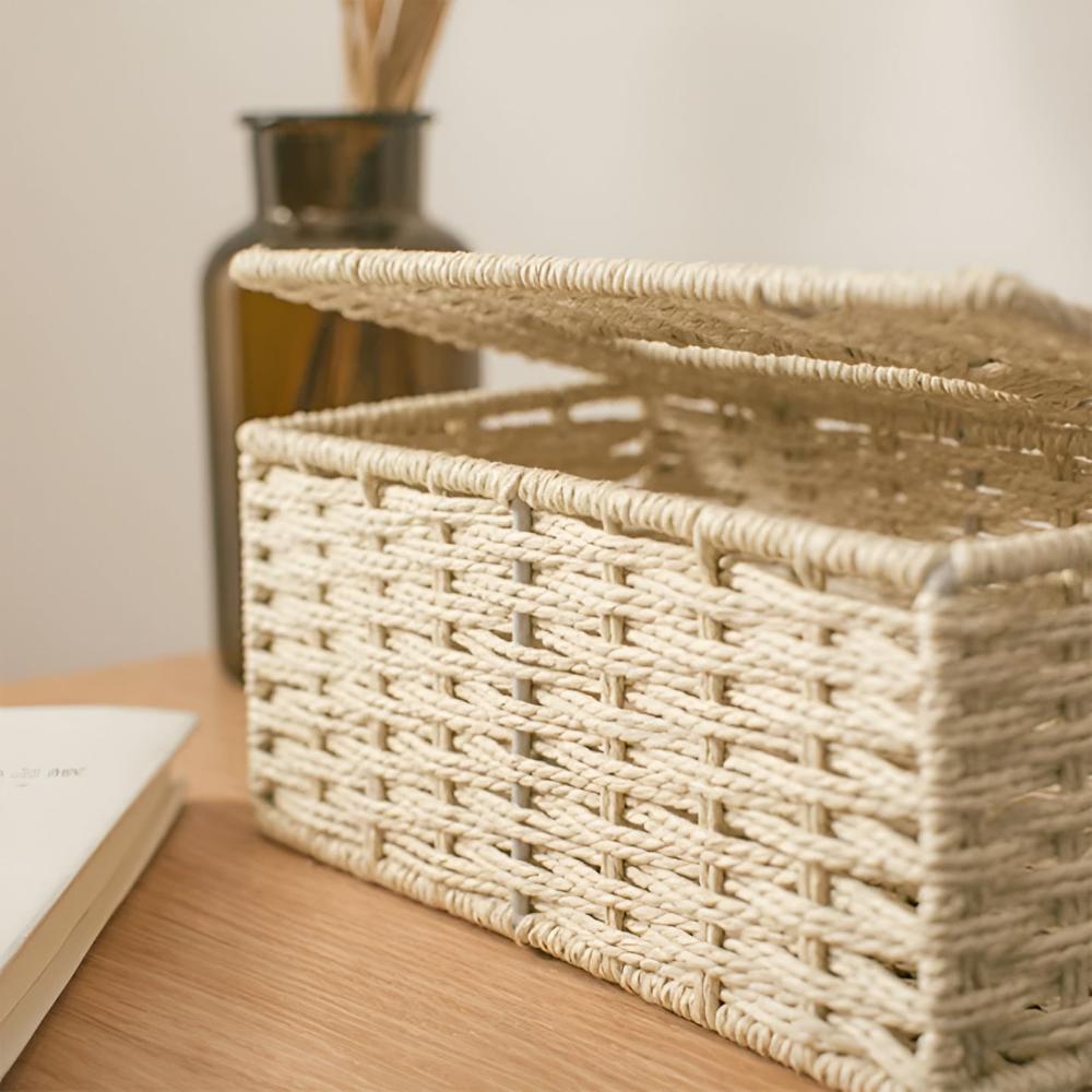 Tissue Box Handwoven Rattan With Leather Accents