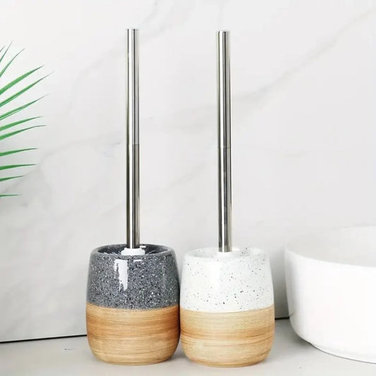 Toilet Brush & Holder Wood-Look Ceramic Base Drip-Proof