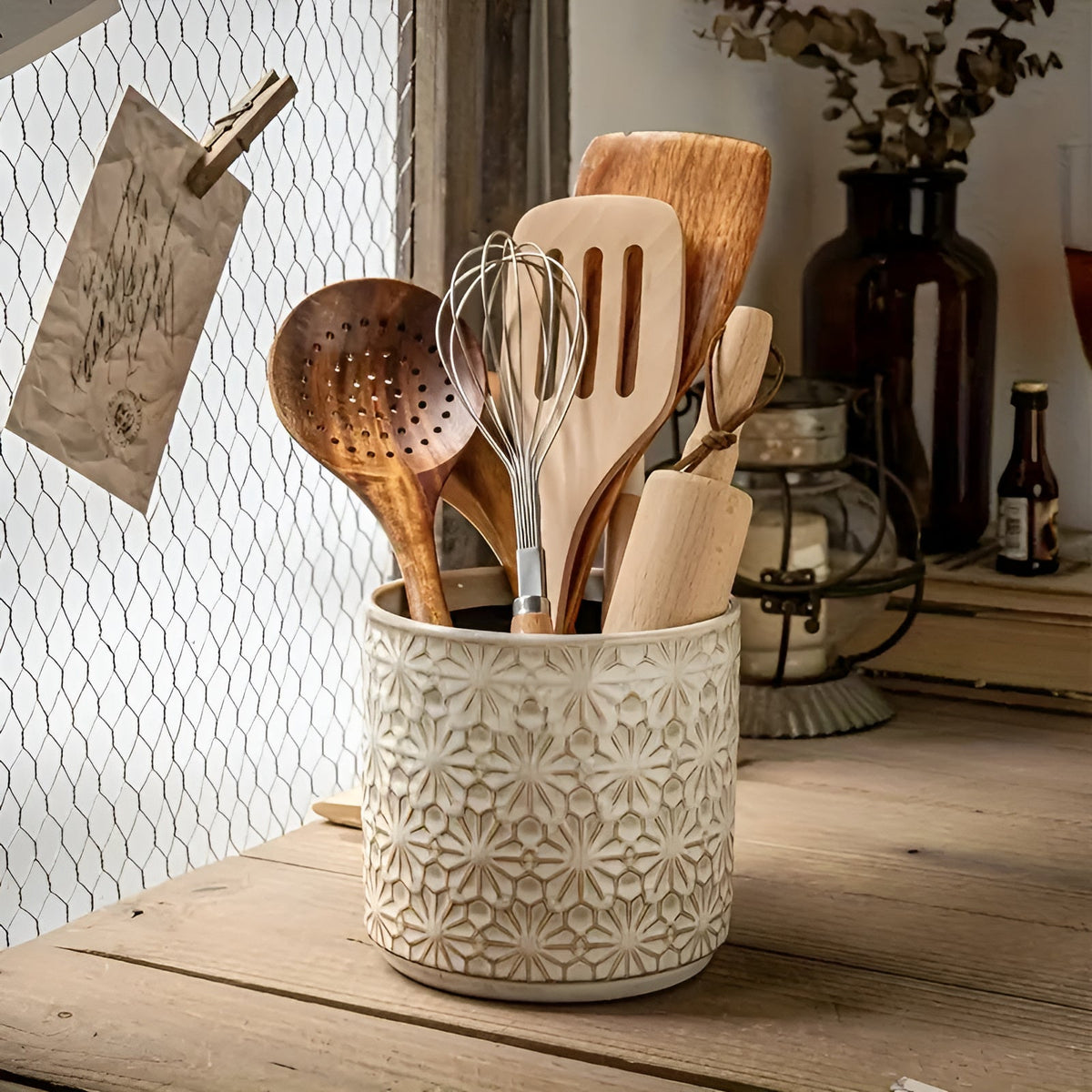 Utensil Holder Ceramic Embossed Floral Wide Opening
