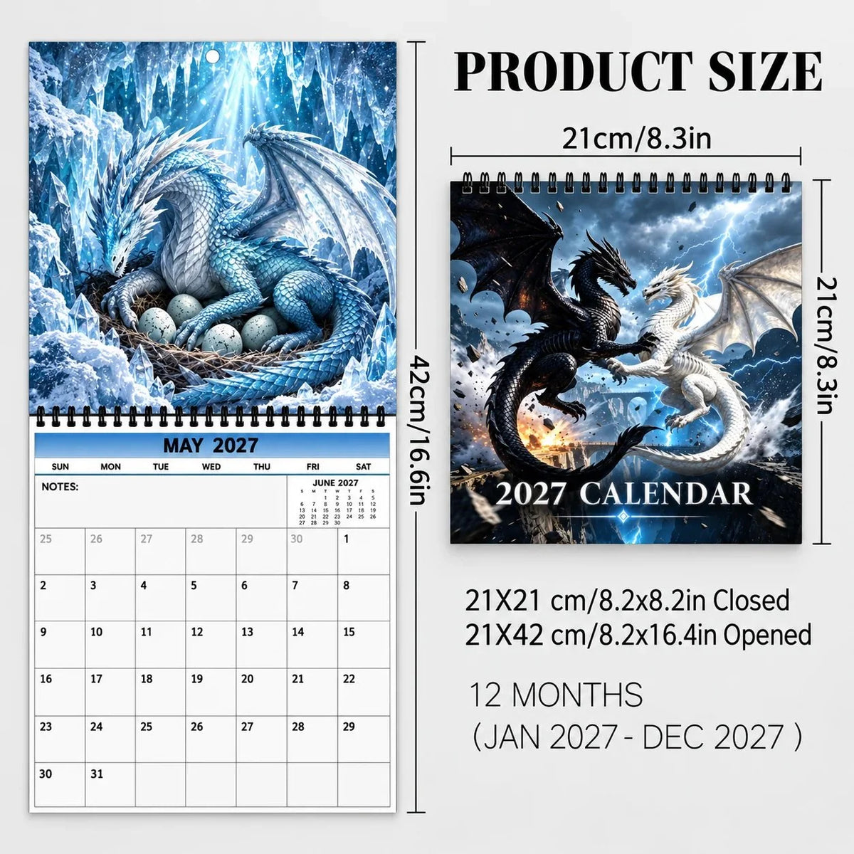 Wall Calendar 2027 Dragon Fantasy Art Spiral-Bound Hanging Design