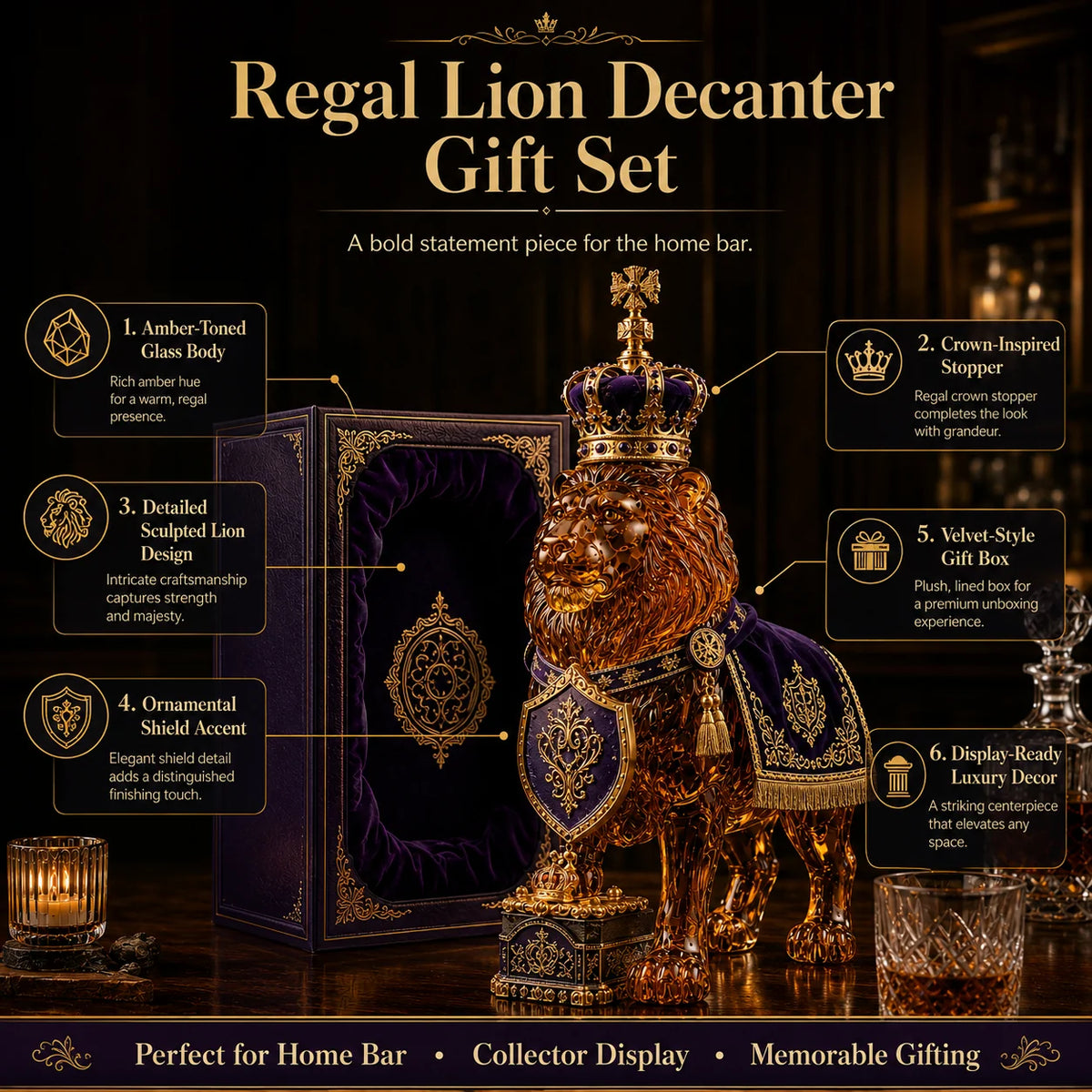 Whiskey Decanter Sculpted Lion Thick Glass 350ml