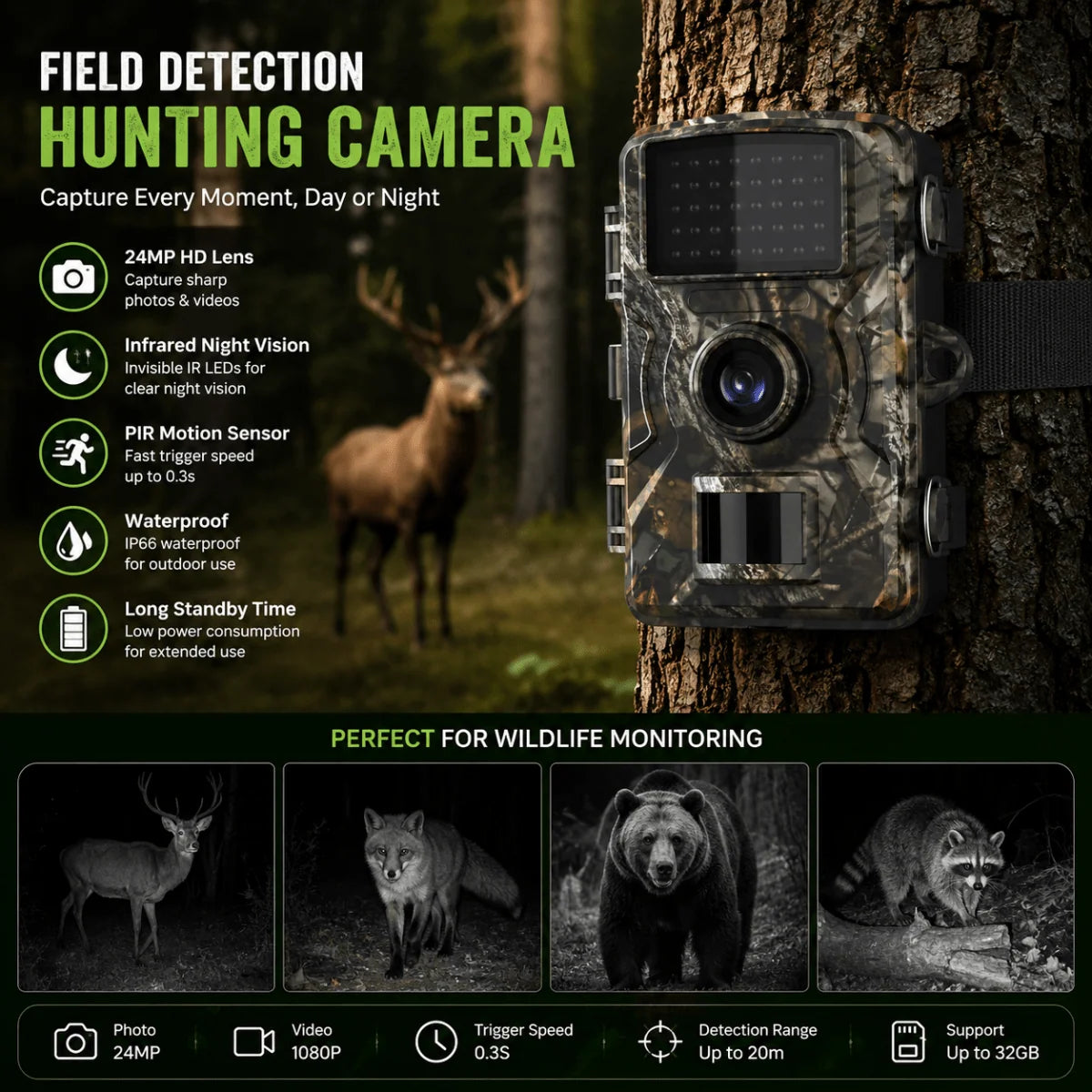 Wildlife Camera 16 MP Night Vision Motion Detection Weather-Resistant