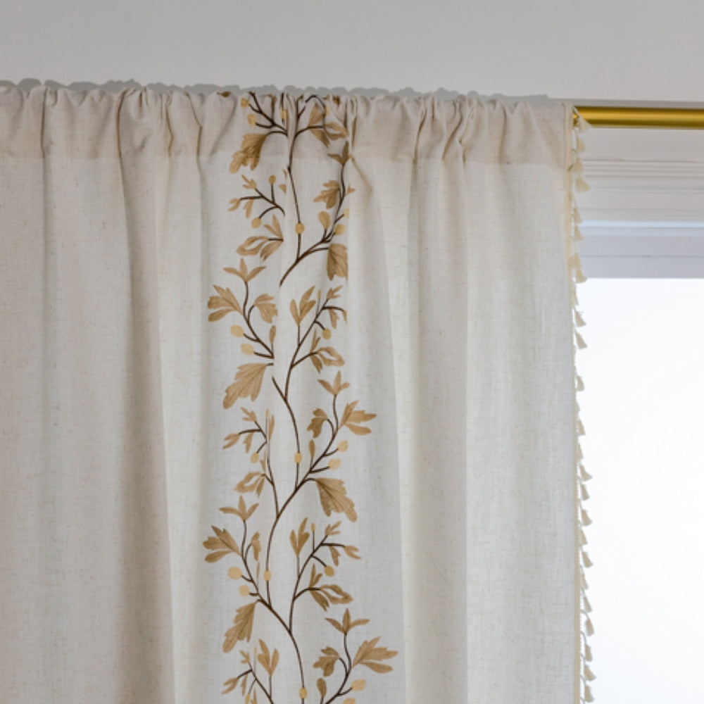 Window Curtain Boho Floral Tassel Cotton Linen Blend