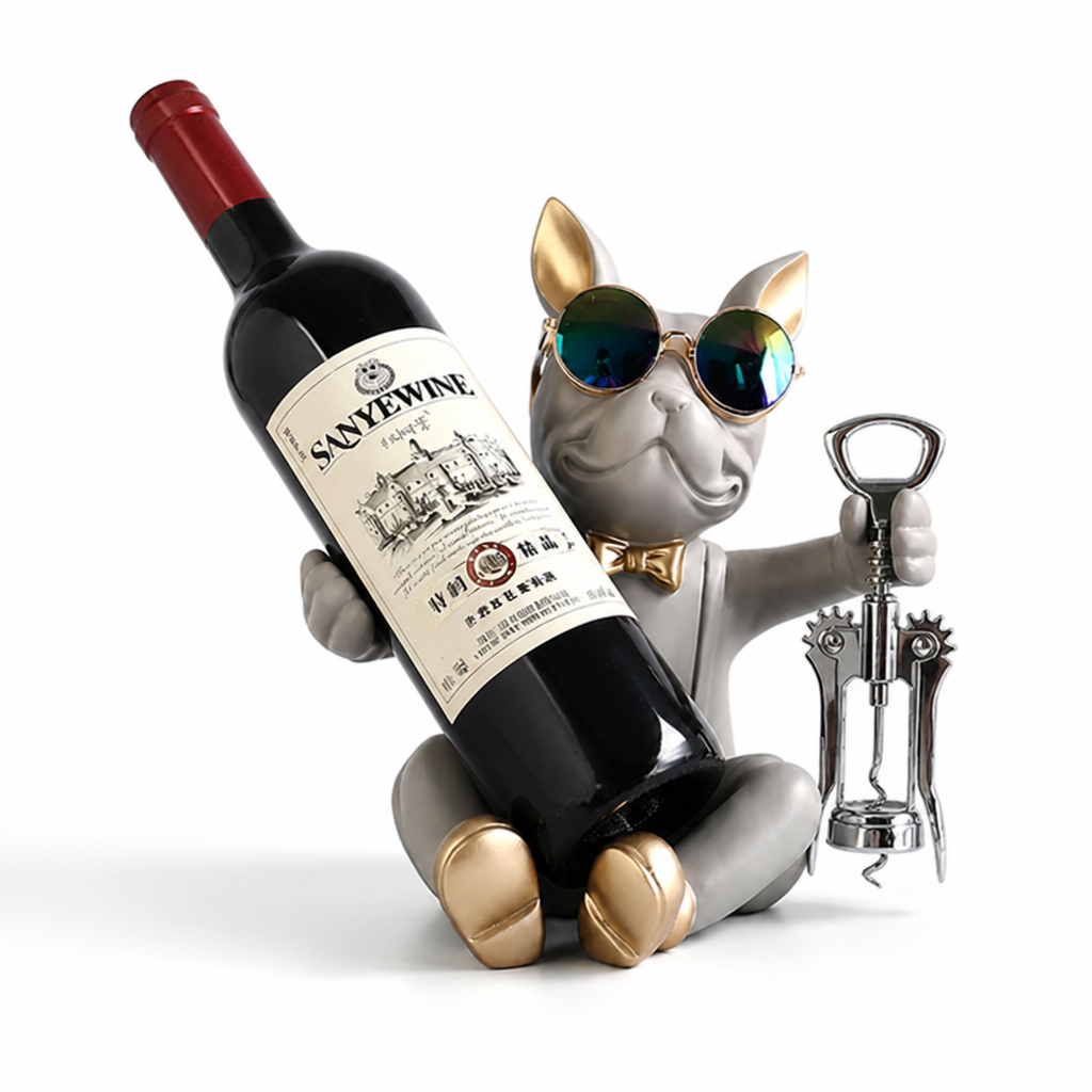 Wine Bottle Holder Bulldog Figurine Gold Accents & Corkscrew