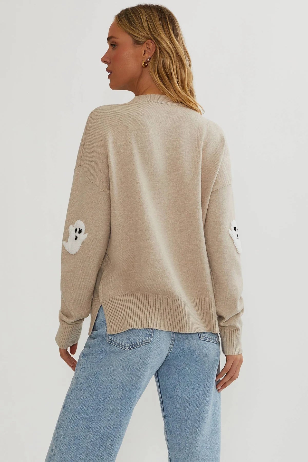 Women's Knit Sweater Textured Ghost Appliqués Relaxed Fit