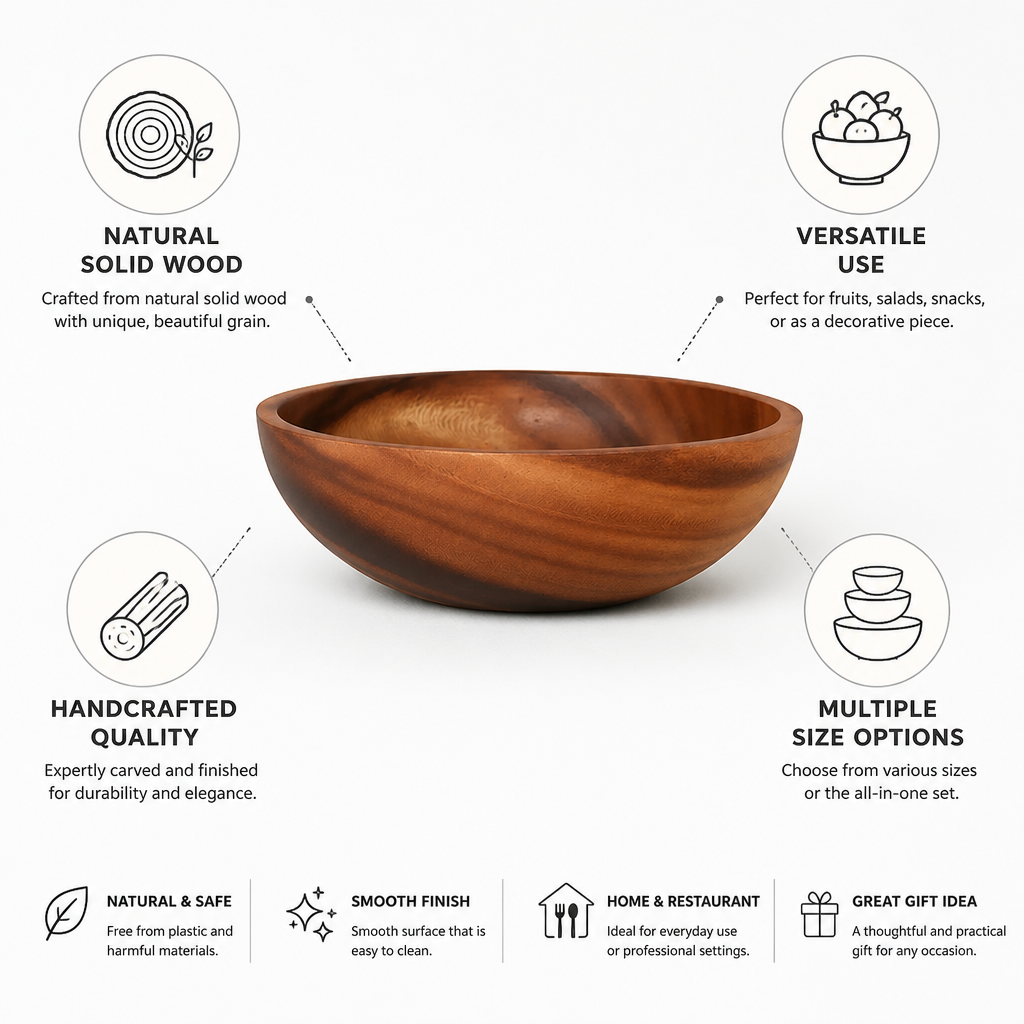 Wooden Bowl Handcrafted Solid Wood Natural Grain