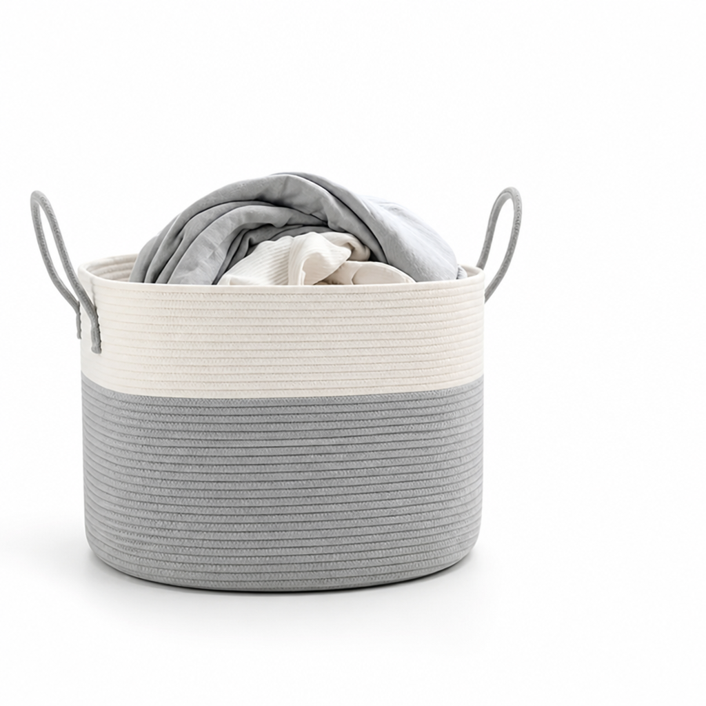 Woven Storage Basket Large Round Two-Tone Built-In Handles