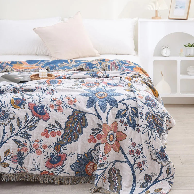 Elegant Botanical Cotton Throw with Charming Tassels