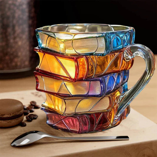 Artisan Glass Coffee Cup with Literary Charm