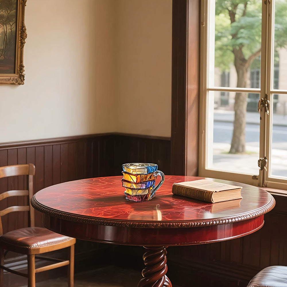 Artisan Glass Coffee Cup with Literary Charm