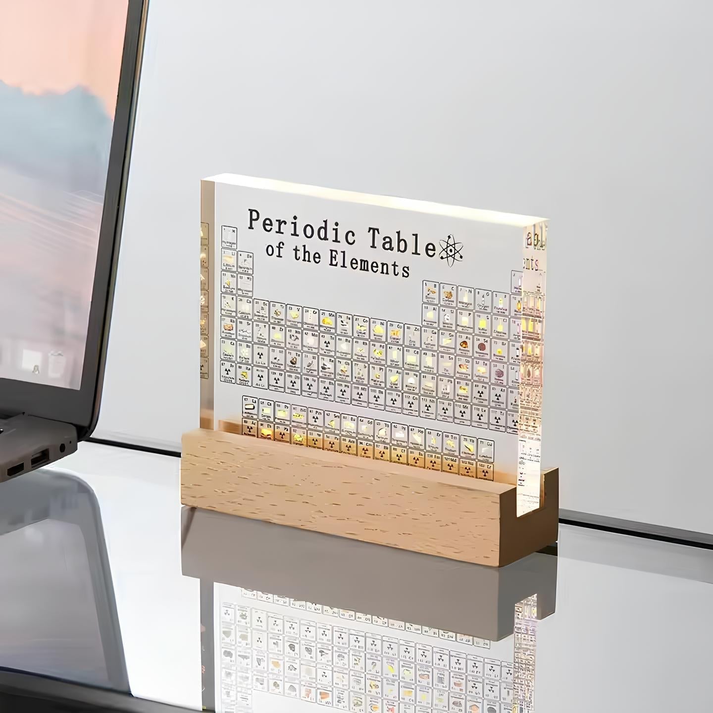 Illuminated Periodic Table Art with Elegant Wooden Stand