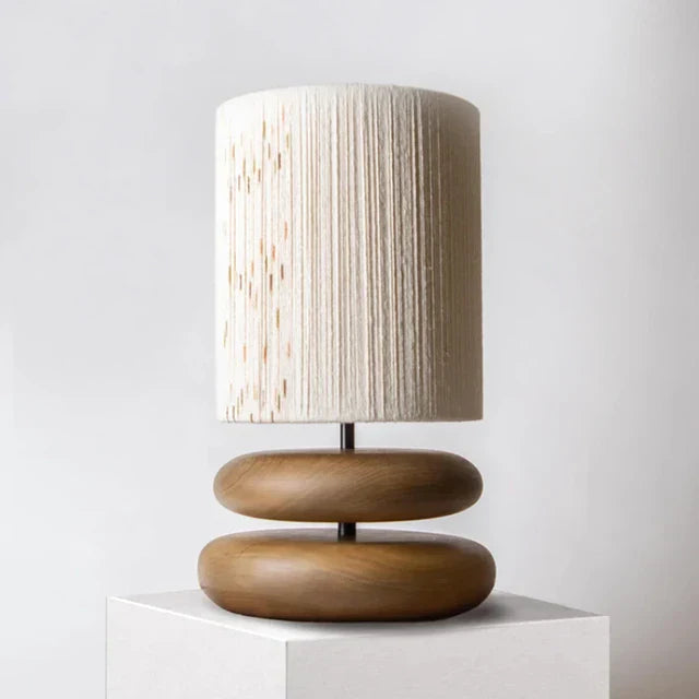 Artisan Table Lamp with Woven Shade and Rustic Wood Base