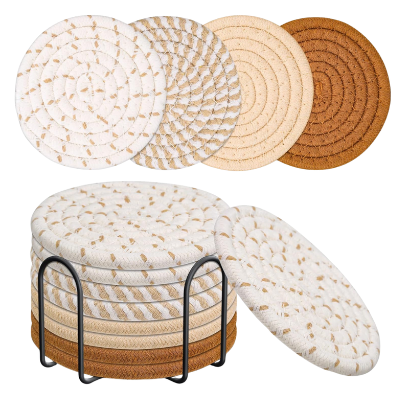 Set of 8 Absorbent Cotton Coasters with Holder in 4 Colors