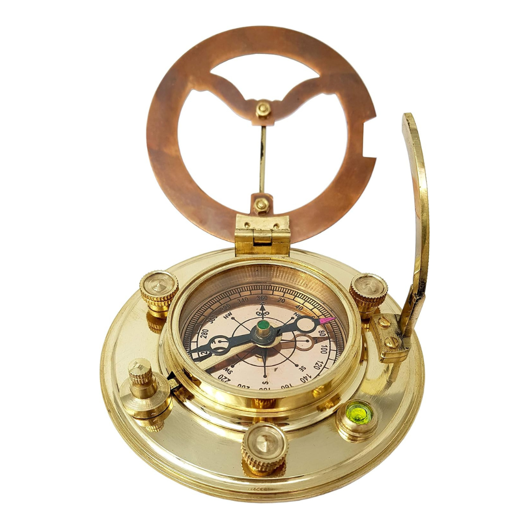 Leather Gift Boxed Sundial Compass in Antique Brass and Copper