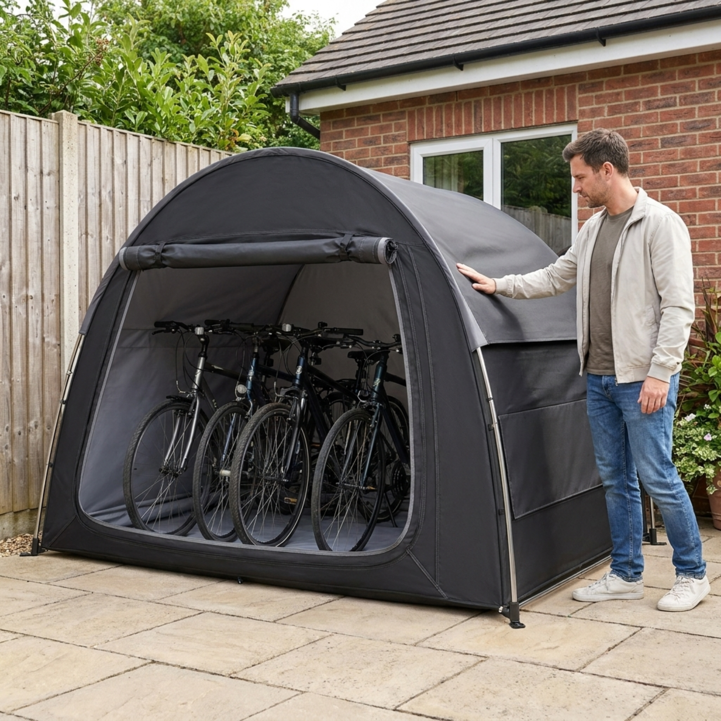 Outdoor Bike Shelter for 4-5 Bicycles with Rain Protection and Tool Organizer