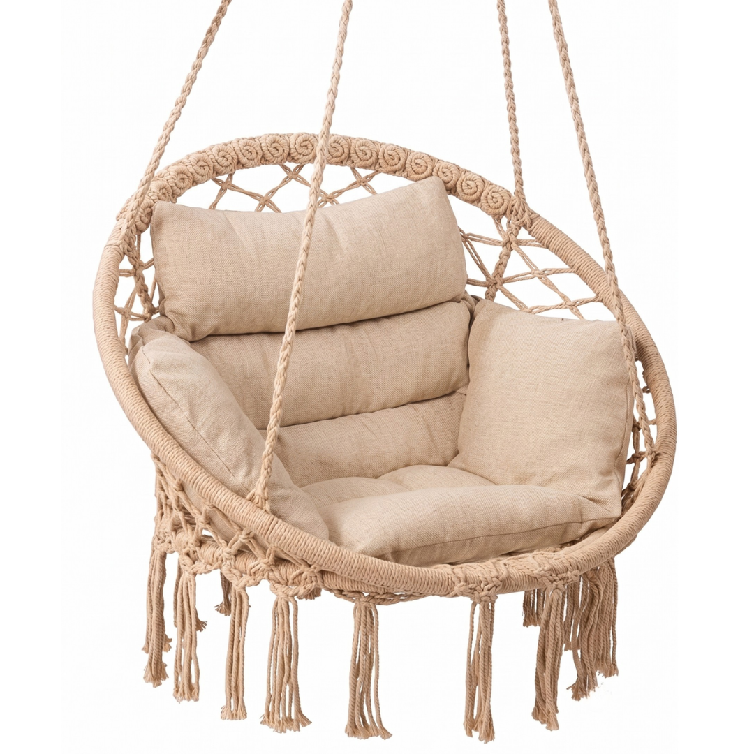 Macrame Hammock Chair with Cushion for Porch and Patio Relaxation