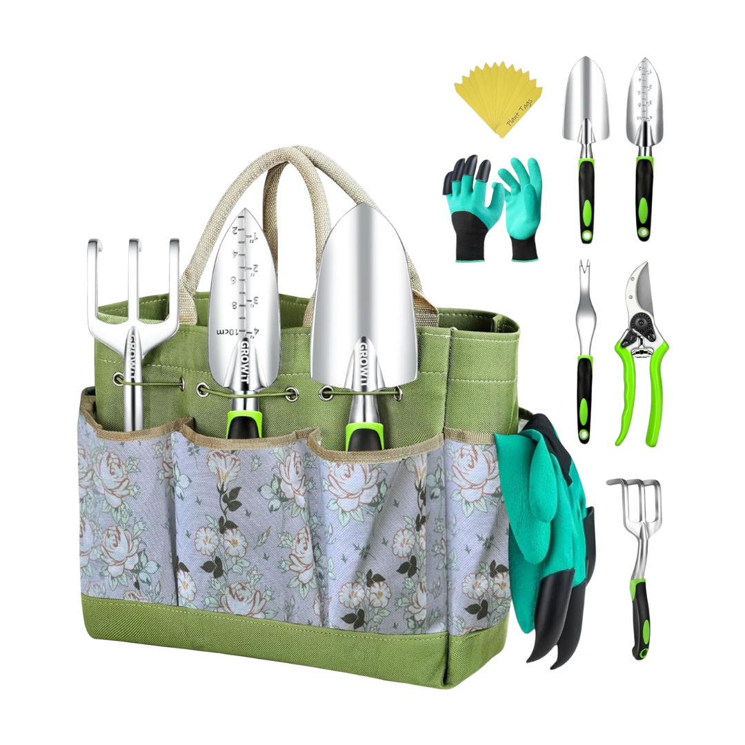 Garden Tools Collection with Handle, Organizer Tote, Plant Labels