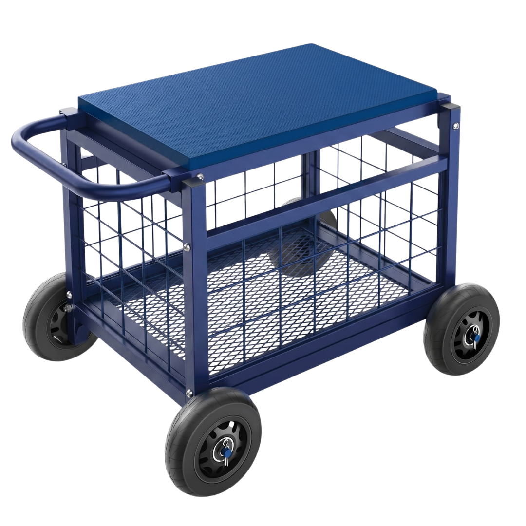 Garden Seat Cart with Storage and Rubber Wheels for Easy Mobility