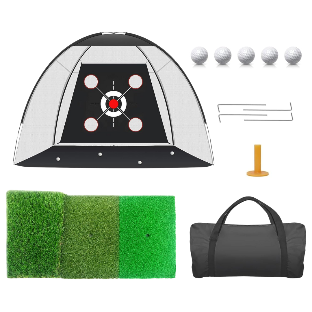 10x7 ft Golf Training Net with Target Mat, Balls, and Carry Bag