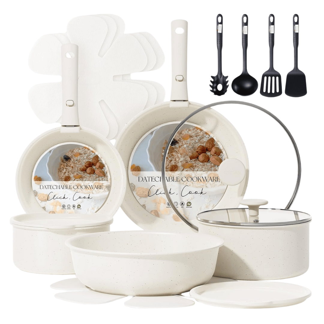 19-Piece Cookware Set with Detachable Handles - Nonstick Granite Finish