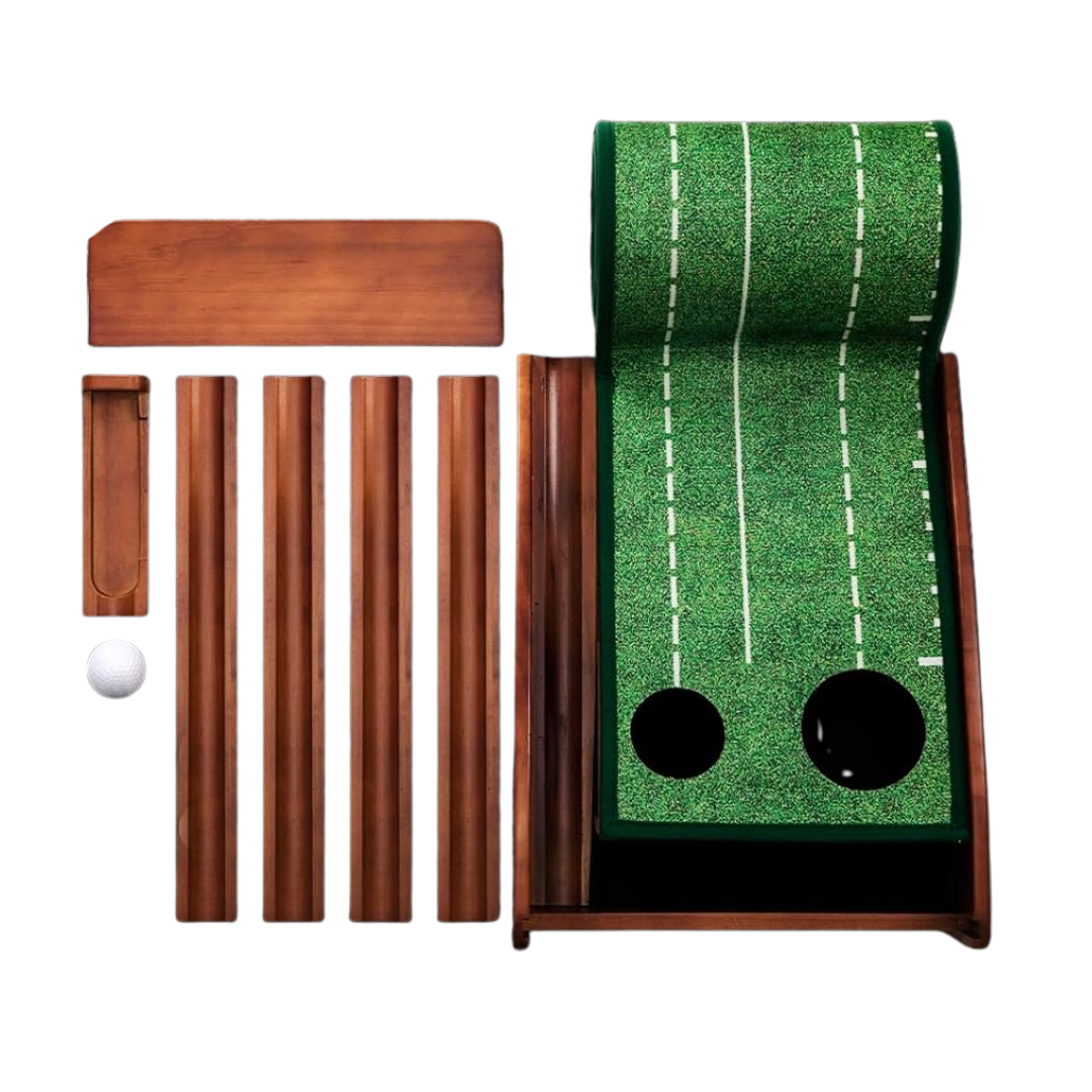 Golf Putting Mat for Indoor Use with Wooden Base and Automatic Ball Return