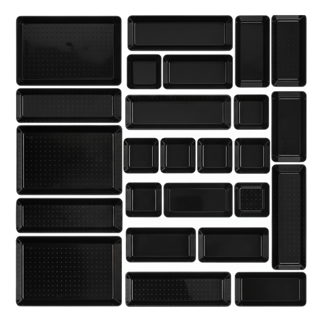 25-Piece Storage Tray Set for Organizing Plastic Drawers in 4 Sizes