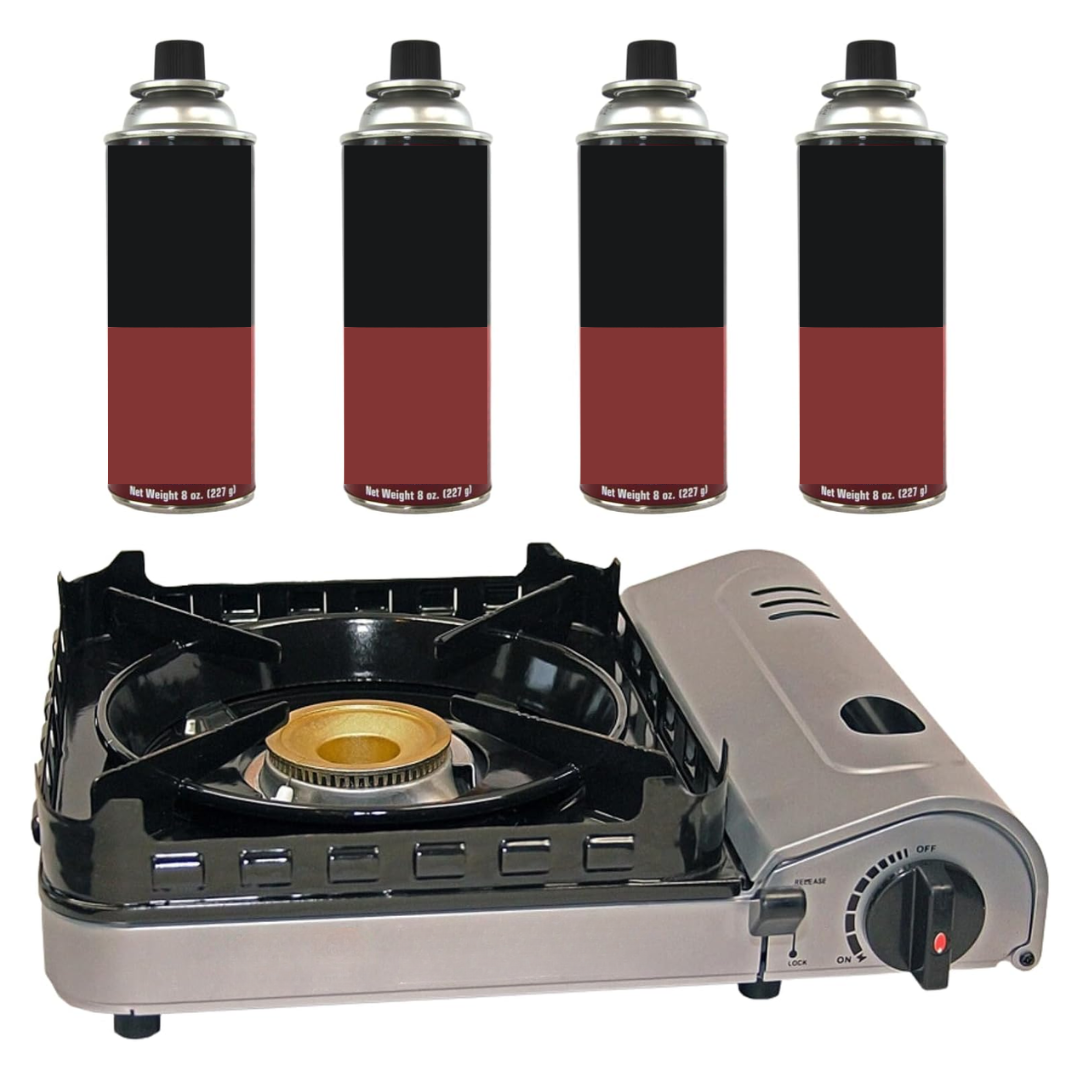 Compact Butane Camping Stove with 4 Fuel Canisters - Single Burner