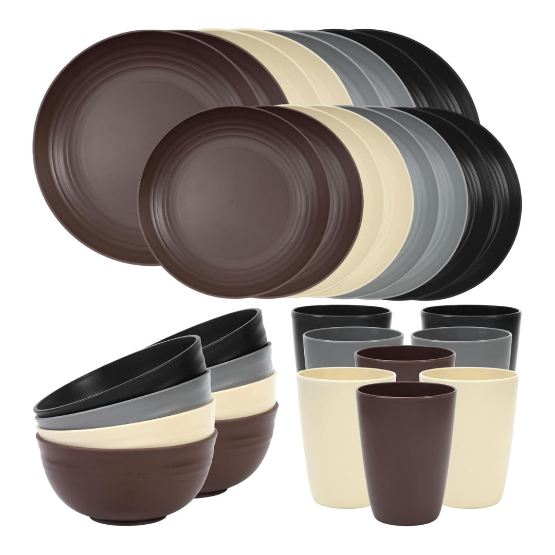 Set of Reusable Plastic Bowls and Plates for Home and Camping