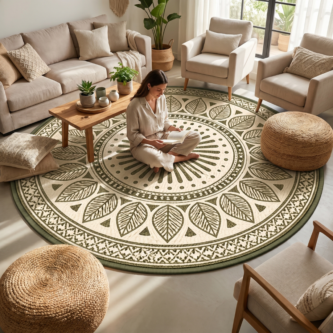 Reversible 10 ft Round Outdoor Rug - Plastic Straw Mat for Patio and RV