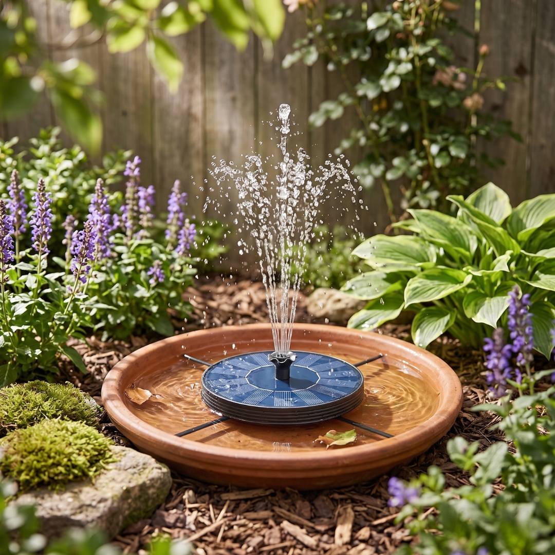 Fountain Pump for Solar Birdbath with 6 Nozzles and Glass Panel