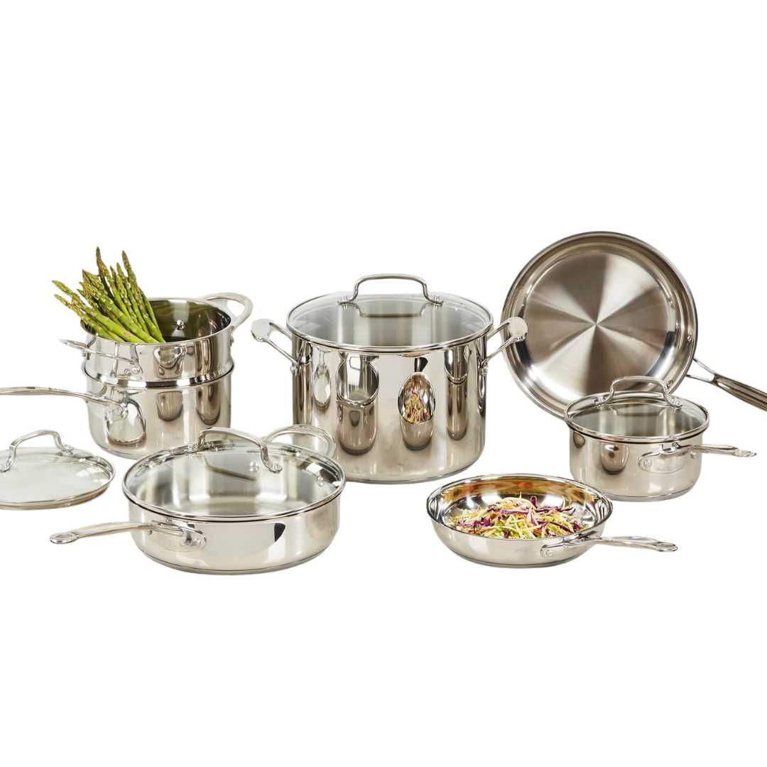 Cookware Set in Stainless Steel with Glass Lids and Uniform Heat Distribution