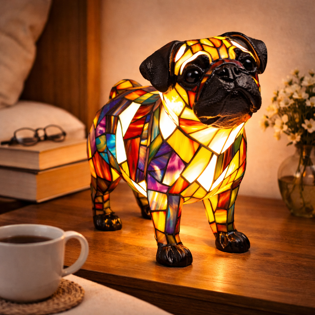 Artistic LED Table Lamp with Canine Stained Glass Design