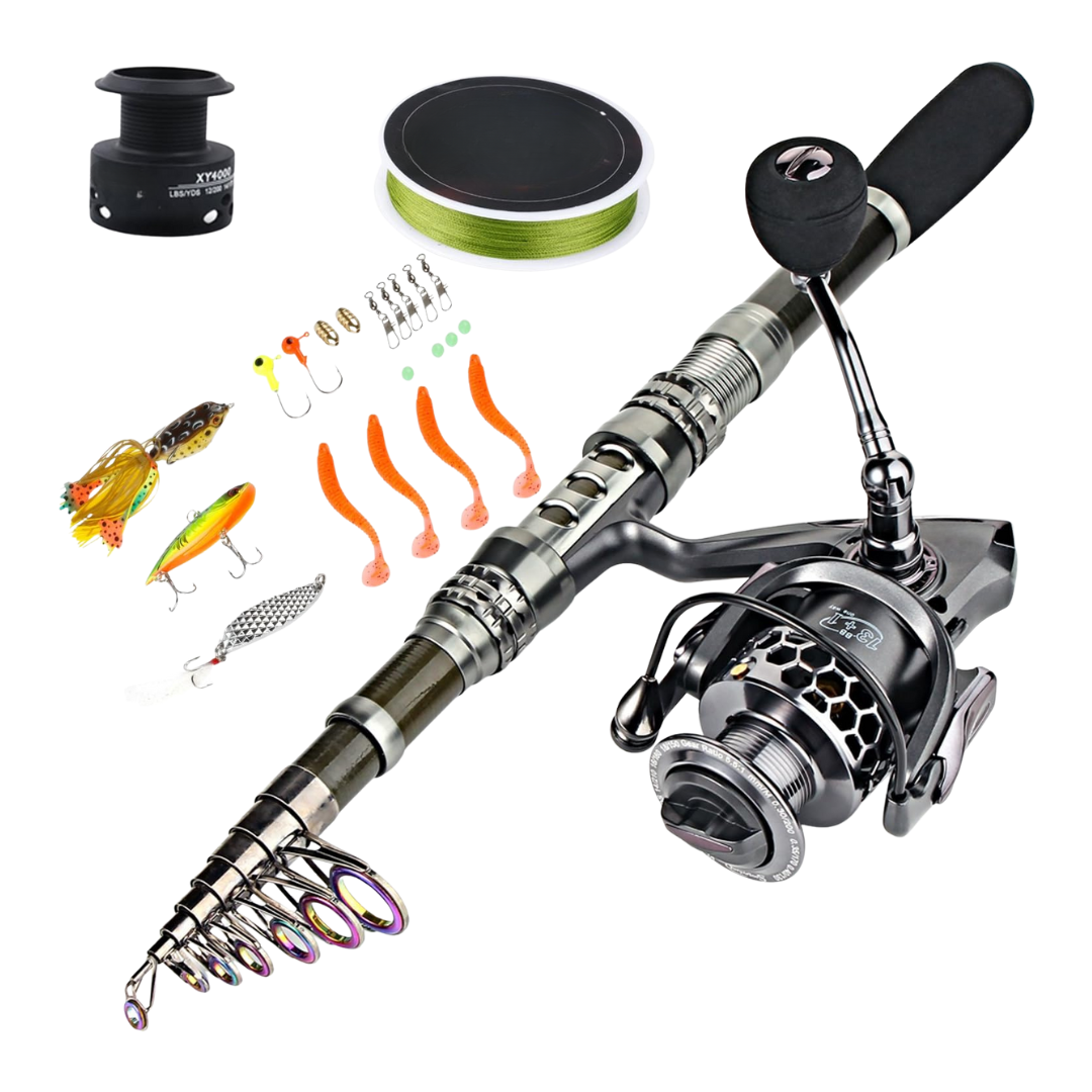 Fishing Rod and Reel Combo with Telescopic Carbon Fiber and Accessories