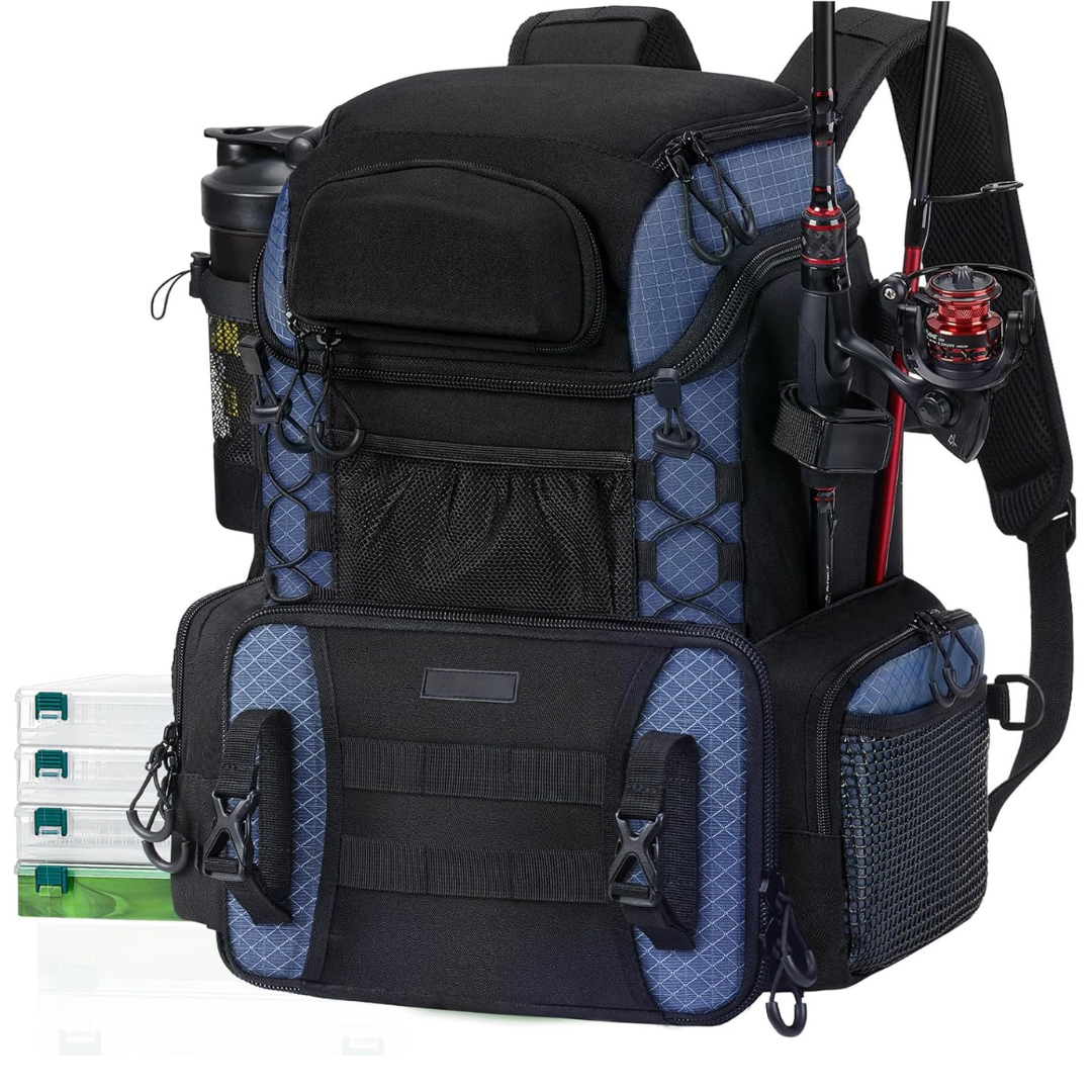 Fishing Backpack with Rod Holders and 4 Tackle Storage Boxes - Water-Resistant