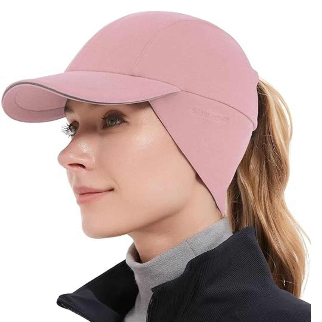 Ponytail Hat for Women with Fleece, Ear Warmer, and Reflective Details