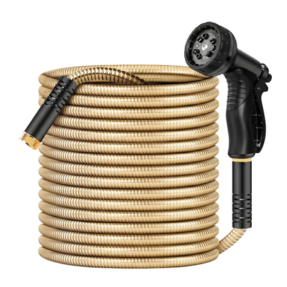 100FT Water Hose in Stainless Steel with 10-Function Nozzle