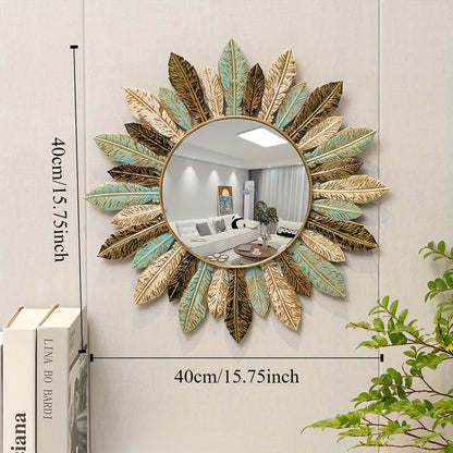 Elegant Sunburst Wall Mirror in Teal and Gold Accents